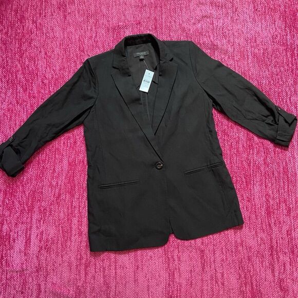 Ann Taylor Button Roll Tab Sleeve Linen Blend Blazer Black Size 0P - Picture 9 of 10